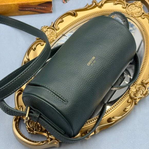 🆕 OROTON 🧿 NWOT Margot Mini Cylindrical Leather Drum Bag, Deep Green - Picture 15 of 16